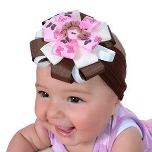 Baby Headband, Girl's Hairband Brown, White & Pink with Doll Face